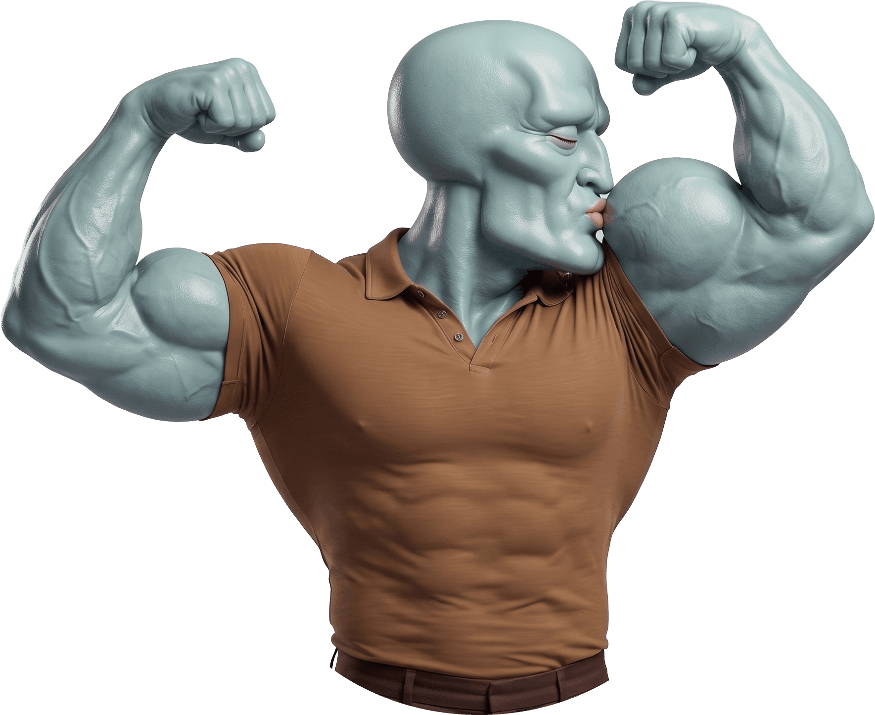 Chad Mansion in a brown polo flexing both arms and kissing his own bicep