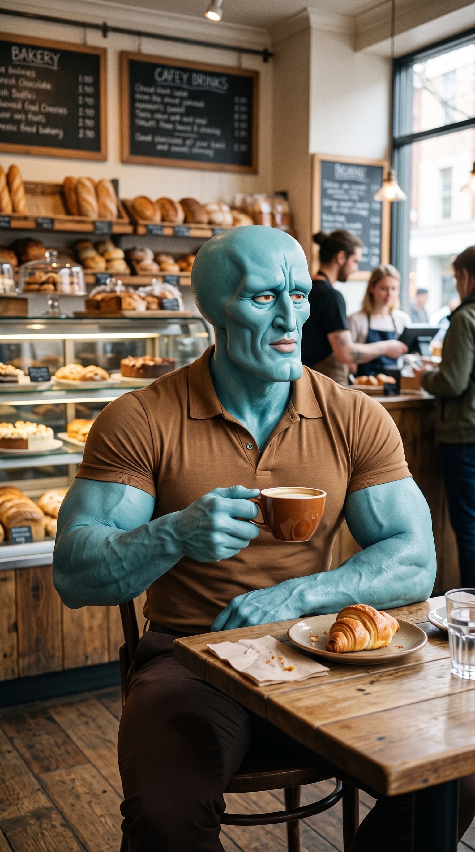 Handsome Squidward tomando café com croissant numa padaria