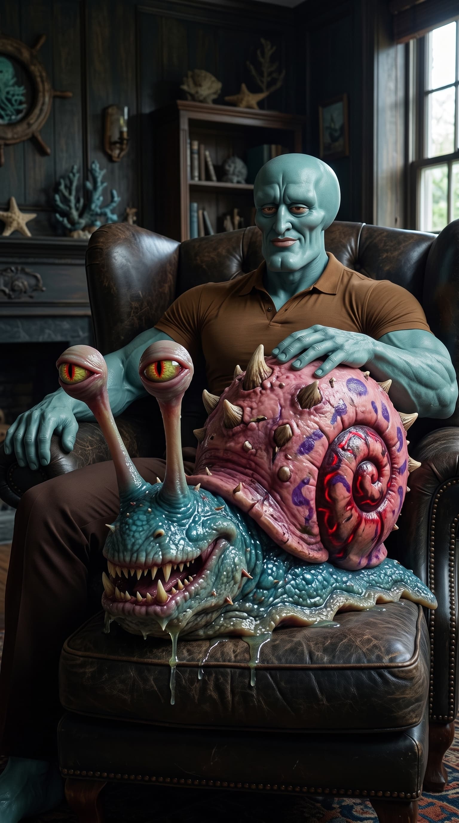 Handsome Squidward numa poltrona de couro com um caramujo monstruoso no colo
