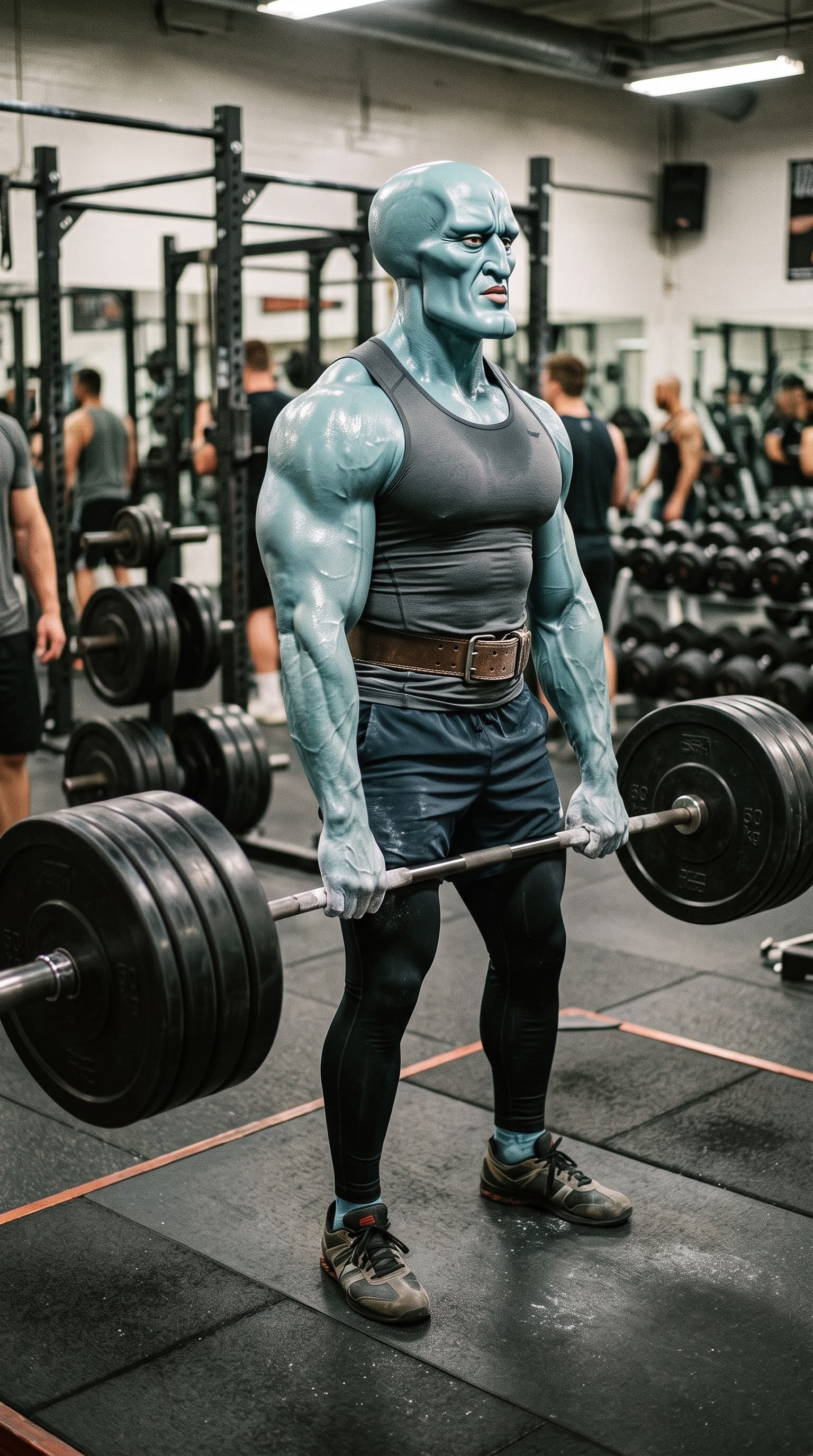 Handsome Squidward fazendo levantamento terra pesado na academia